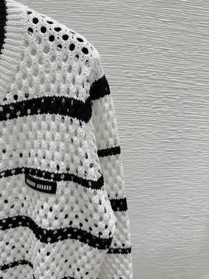 25 new striped logo hollow long sleeve knitted cardigan