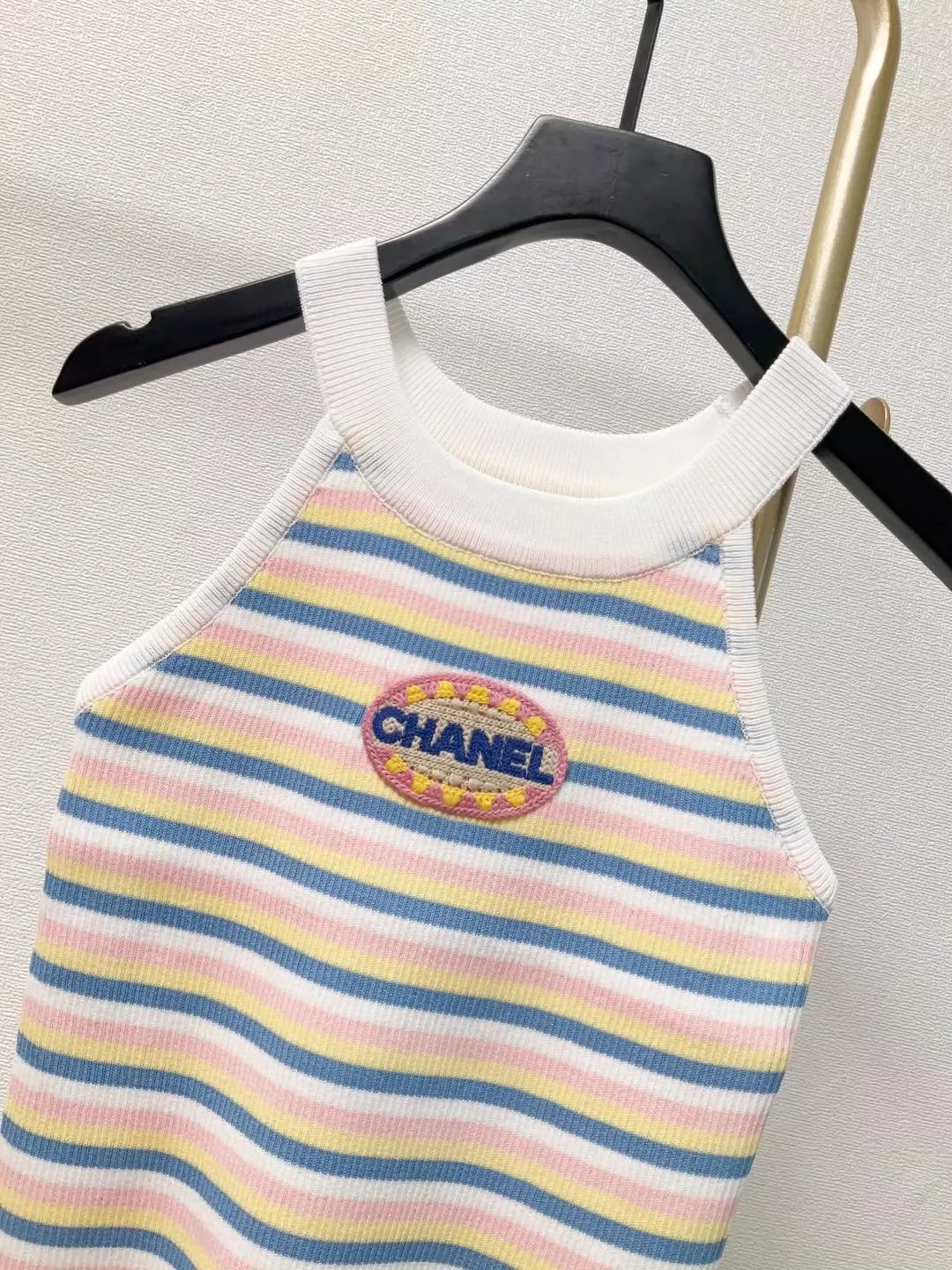 C 25 New Chest Letter Patch Embroidery Color Block Stripe Round Neck Knit Neck Cami Tank Top