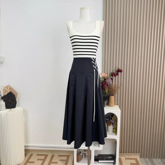2025 new style light luxury age-reducing striped top + three-dimensional belted skirt