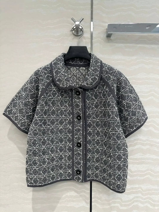 D 25 new rattan plaid woven pattern knit short sleeve cardigan small jacket