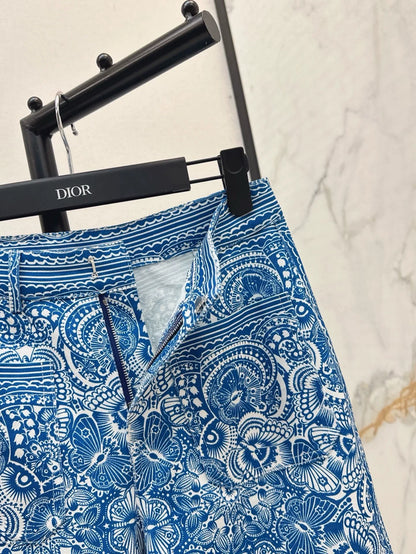 D 25 New Celadon Butterfly Print Denim Collection Long Pants