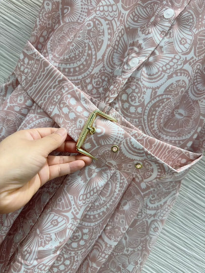 D 25 New Printed Belt Single Breasted Lapel Short Sleeve Dresses