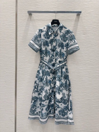 D 25 New Leaf Print Belted Short Sleeve Dresses