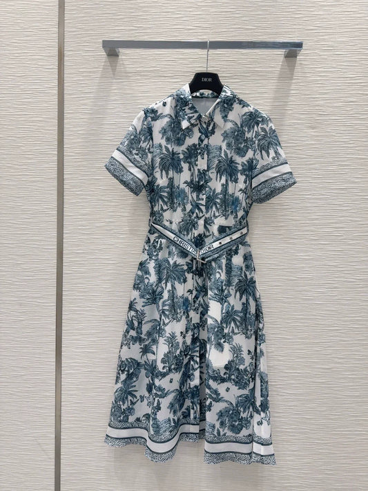 D 25 New Leaf Print Belted Short Sleeve Dresses