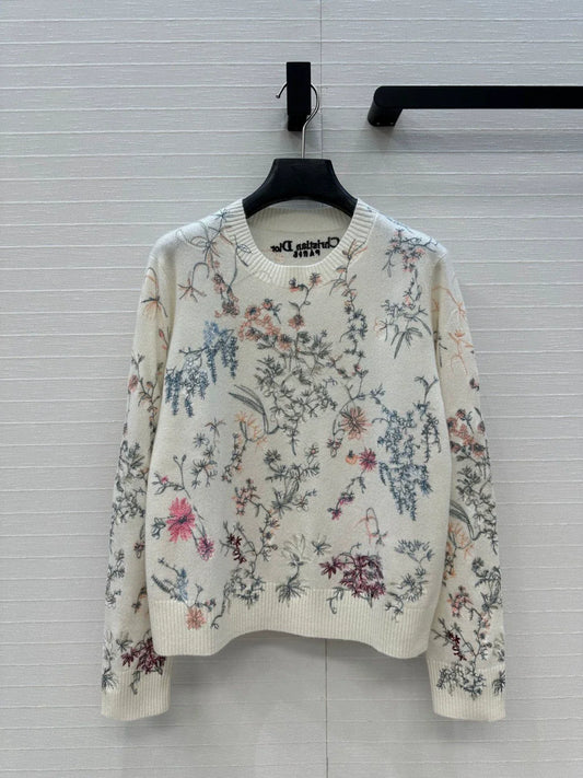 25 new cashmere sweater with plant and flower embroidery