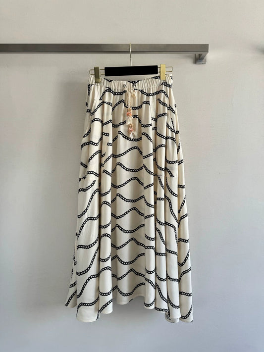 25Ss New Summer Drawstring High Waist Printed Long Skirt