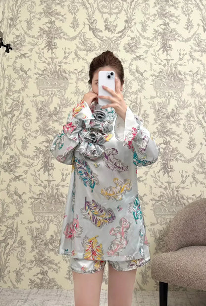 C 25 spring and summer new Sequins printed high-neck shirt shorts set