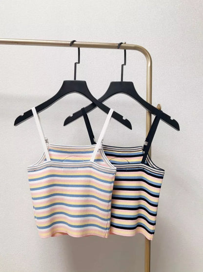 C 25 New Chest Letter Patch Embroidery Color-Crossing Stripe Knit Cami Short Tank Top