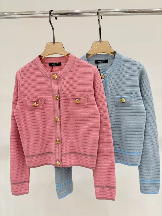 25 Spring and Summer new V-neck irregular metal button simple casual knitted cardigan
