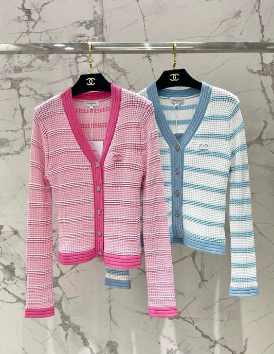 C 25 new hollow color matching striped knitted cardigan