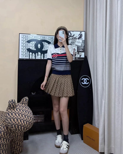 G 25 Spring/Summer New Lapel Striped Knit Short Sleeve Top