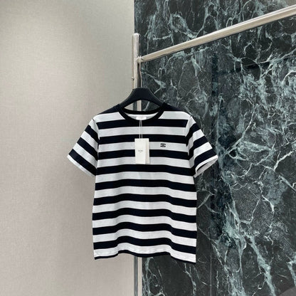 25 New black and white striped short-sleeved T-shirt