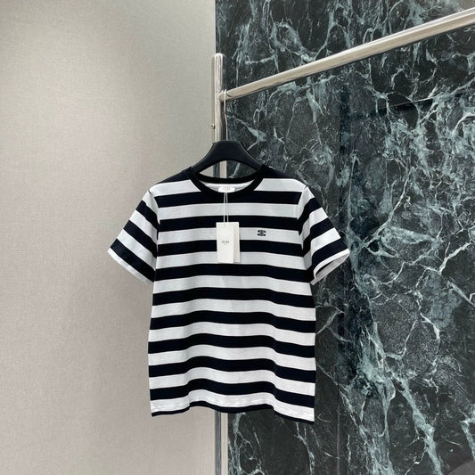 25 New black and white striped short-sleeved T-shirt
