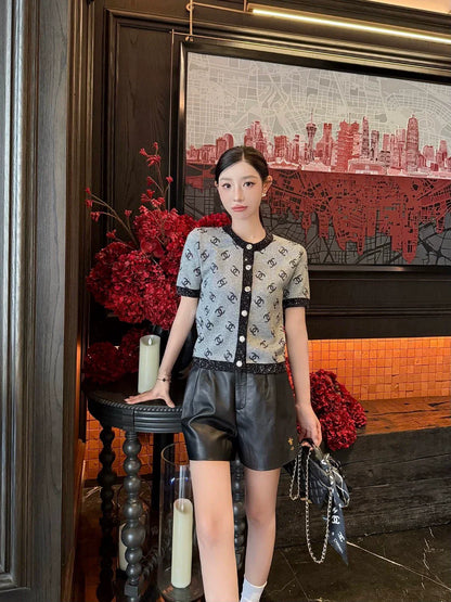 C 25 new color clashing pattern single-breasted round neck short-sleeved knitting
