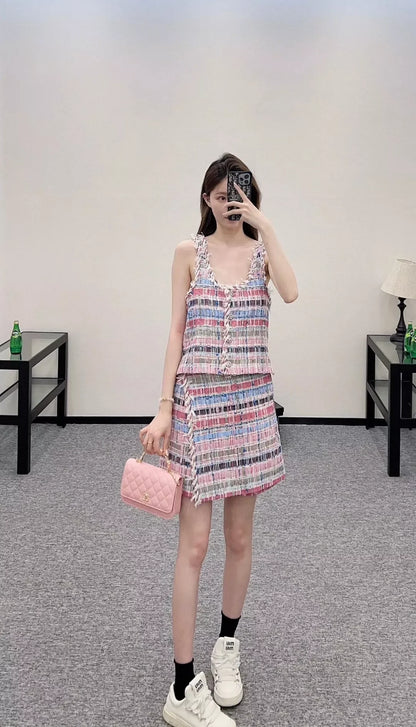 25 Spring and Summer New Color Woven Vest Skirt Pants Set