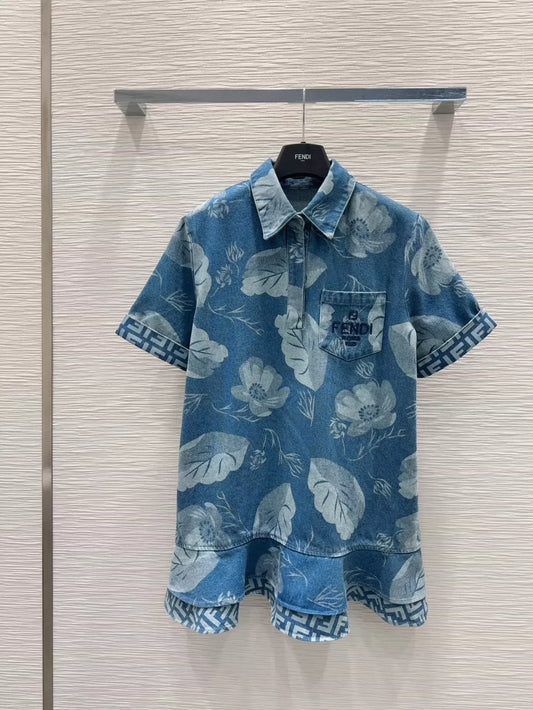 F 25 New Embroidered Pocket Printed Ruffle Hem Short Sleeve Denim Dresses