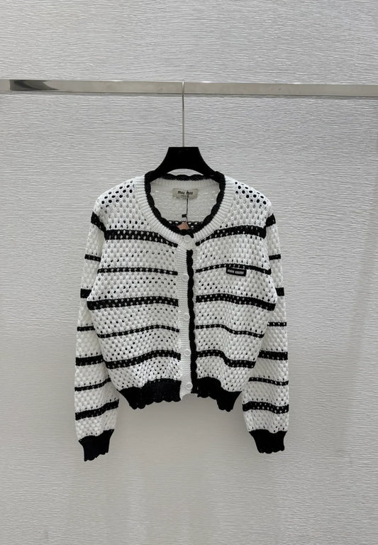 25 new striped logo hollow long sleeve knitted cardigan