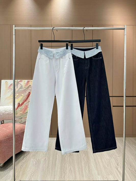 25 Cuffed rhinestone lettered denim straight-leg pants