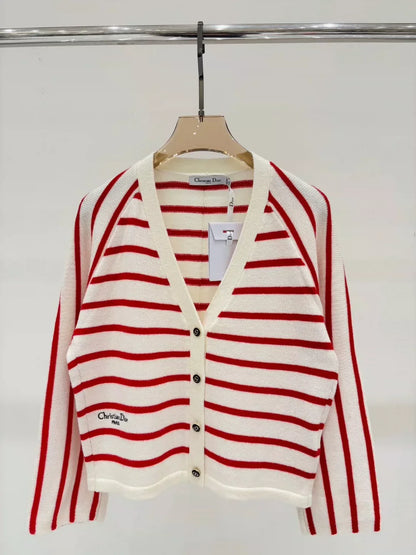 25 Spring and Summer new V-neck letter logo embroidery stripes contrast color casual knitted cardigan