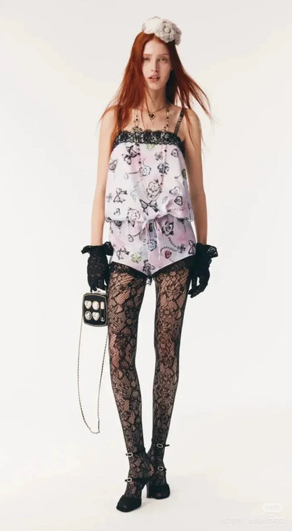 C 25 Reactive Print Lace Tank Top and Shorts Set