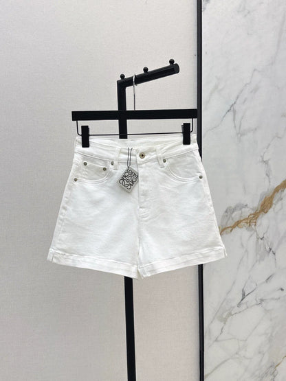 25 Latest Classic Monogrammed Leather Tag Embellished Denim Shorts ( Large Size )