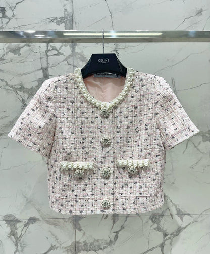 25 Summer new mixed color tweed pearl short suit