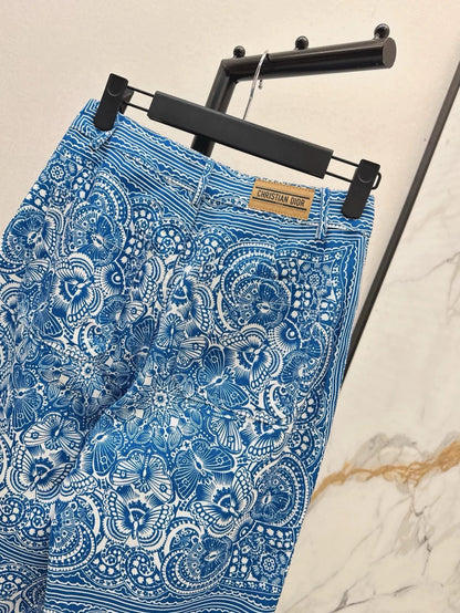 D 25 New Celadon Butterfly Print Denim Collection Long Pants