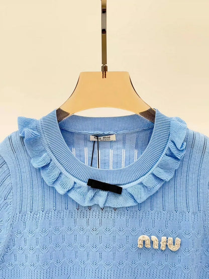 25 Early spring new round neck letter logo inlaid diamond ruffles decorative casual knitted short sleeves