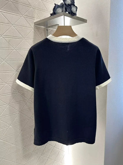 C 25 summer new black and white color collision knit short-sleeved top