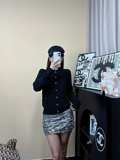 2025 Summer New Hollow Pocket Single-Breasted Ruffled Stand Collar Long-Sleeved Knitted Cardigan