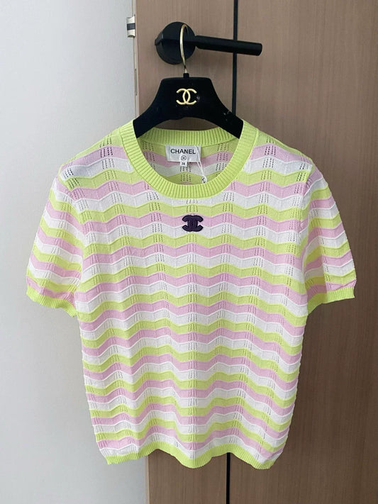 C 25 new color collision striped hollow round neck short sleeve knitting