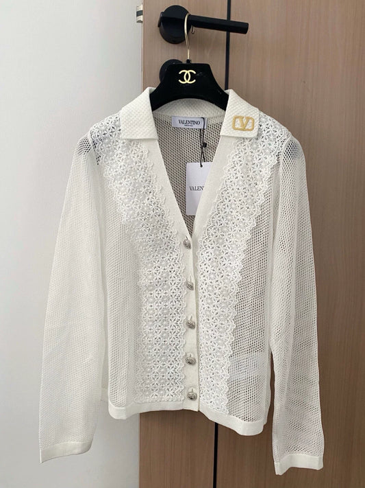 V 25 New hollow V-neck cardigan embroidered fashion versatile casual long-sleeved cardigan