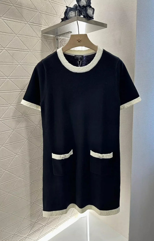 c 25 new summer black and white color clash knit short-sleeved dress