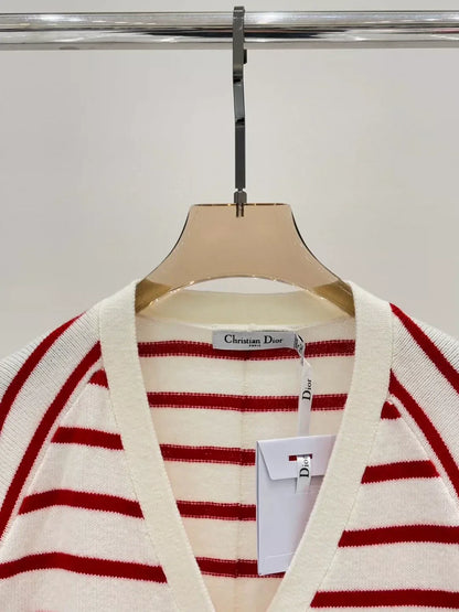 25 Spring and Summer new V-neck letter logo embroidery stripes contrast color casual knitted cardigan