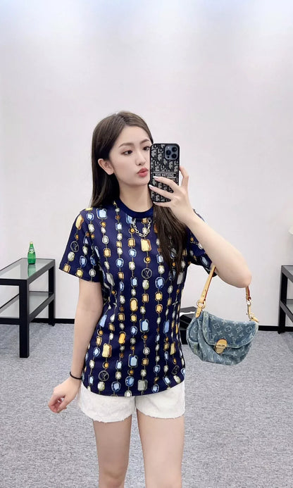 L 25 Summer New Round neck Printed chain short sleeve T-shirt