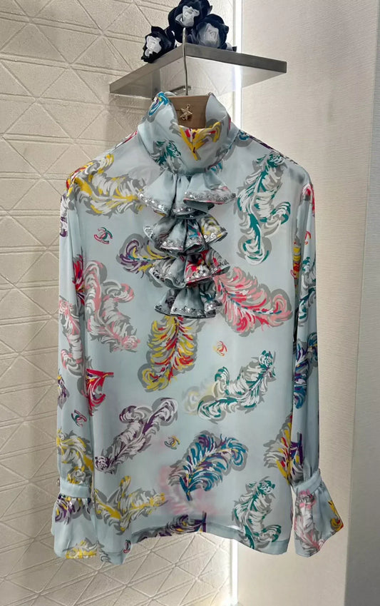 C 25 spring and summer new Sequins printed high-neck shirt shorts set