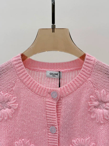 CE 25 Early Autumn New Round Neck Logo Embroidery Flower Three-Dimensional Jacquard Knitted Cardigan