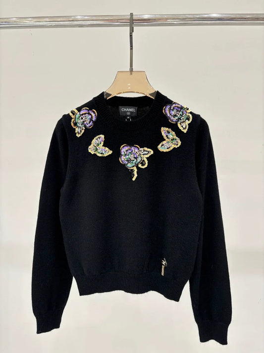 C 25 Spring and Summer New Round Neck Butterfly Floral Sequin Knitted Long Sleeve