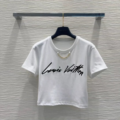 L 25 New Embroidered Letter Chain Short Sleeve Short T-Shirt