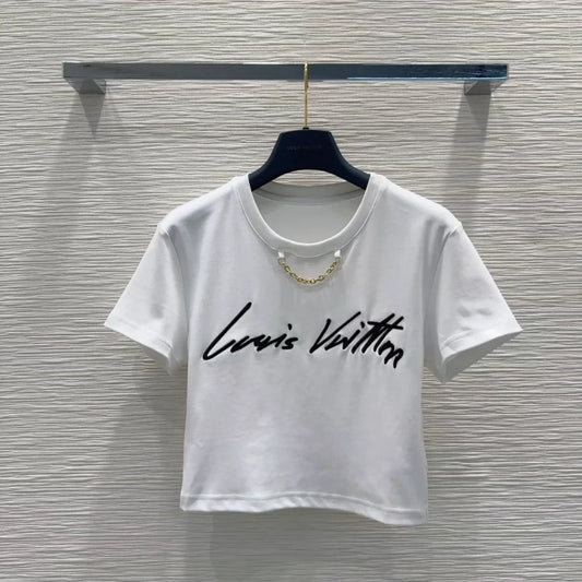 L 25 New Embroidered Letter Chain Short Sleeve Short T-Shirt