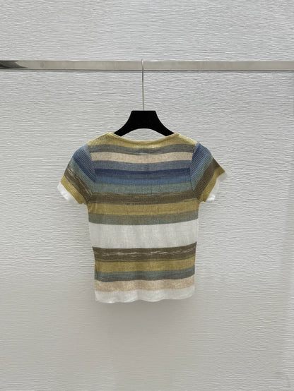 2025 Summer New Color Striped Knitted Short Sleeve Top