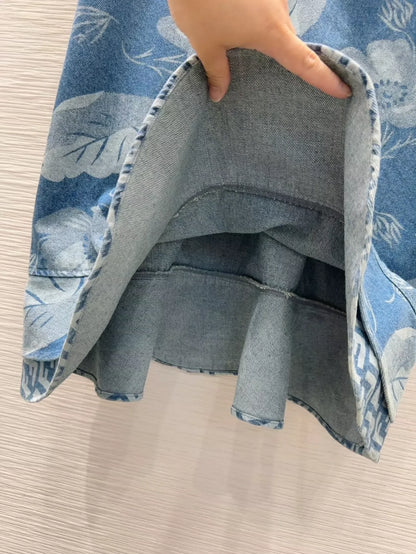 F 25 New Embroidered Pocket Printed Ruffle Hem Short Sleeve Denim Dresses