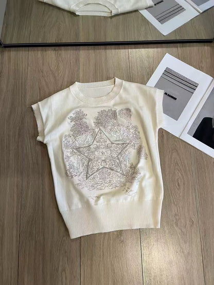 Five-pointed star heavy embroidery sleeveless top