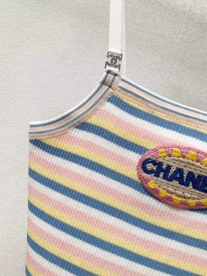 C 25 New Chest Letter Patch Embroidery Color-Crossing Stripe Knit Cami Short Tank Top