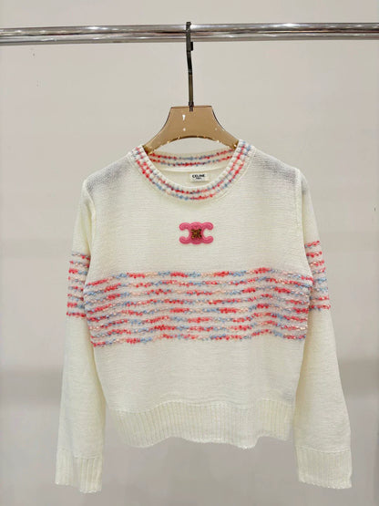 CE 25 Spring and Summer New Round Neck Letter Logo Logo Stripe Mixed Color Knitted Long Sleeve