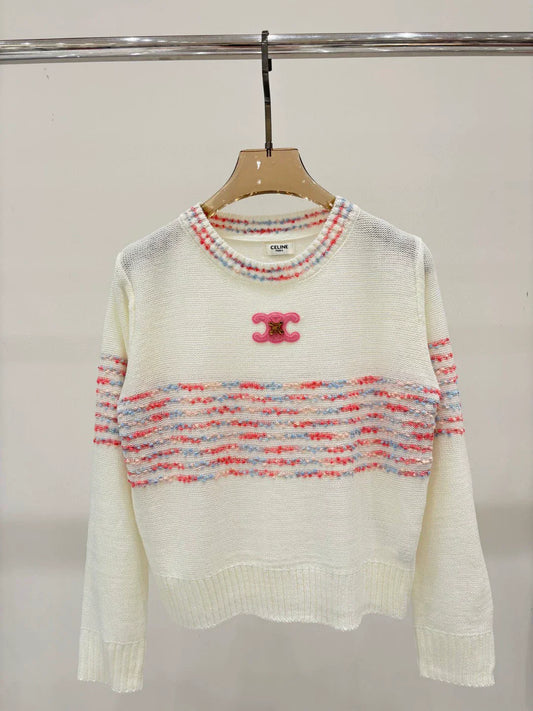 CE 25 Spring and Summer New Round Neck Letter Logo Logo Stripe Mixed Color Knitted Long Sleeve