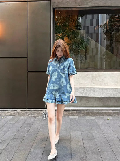 F 25 New Embroidered Pocket Printed Ruffle Hem Short Sleeve Denim Dresses
