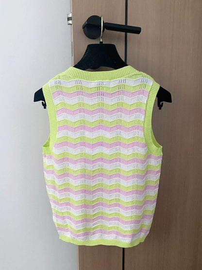C 25 New Clashing Stripes Cutout Round Neck Sleeveless Knit Tank Top