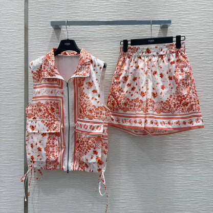 F 25 New Printed Pocket Drawstring Zipper Vest Shorts Set