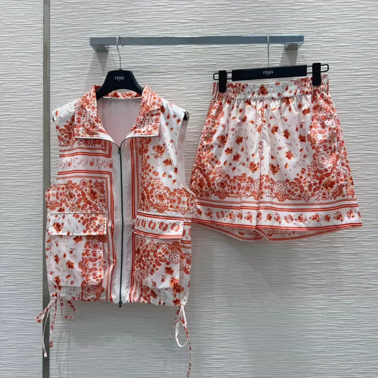 F 25 New Printed Pocket Drawstring Zipper Vest Shorts Set
